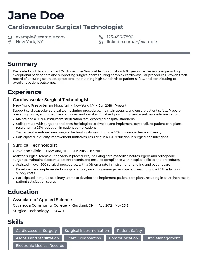 Cardiovascular Surgical Technologist resume example