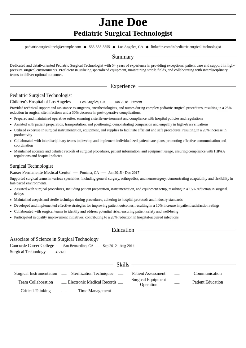 Pediatric Surgical Technologist resume example