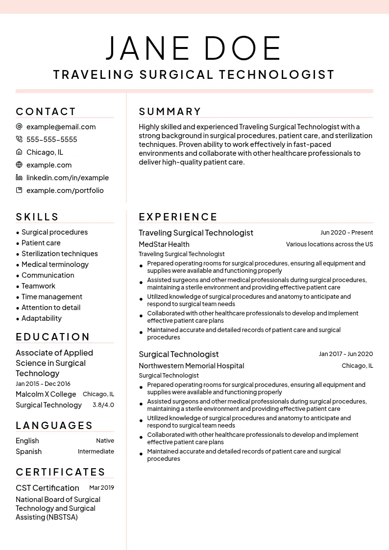 Traveling Surgical Technologist resume example
