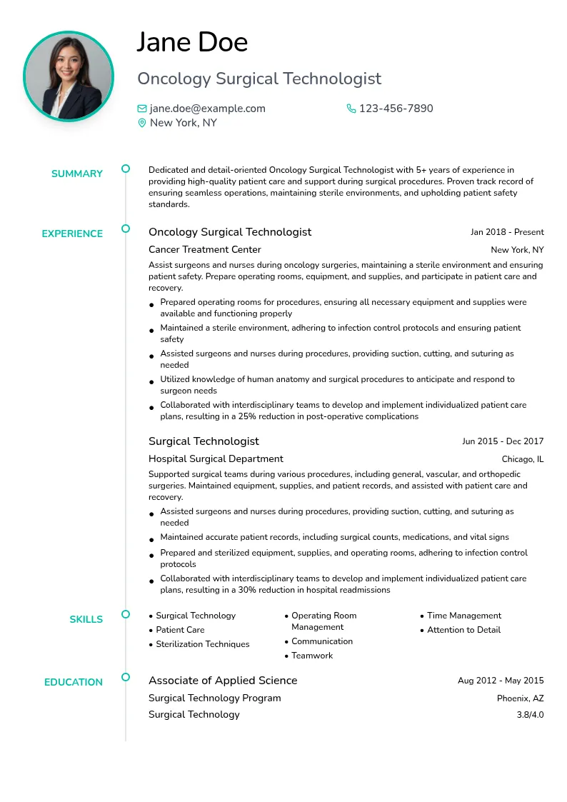 Oncology Surgical Technologist resume example
