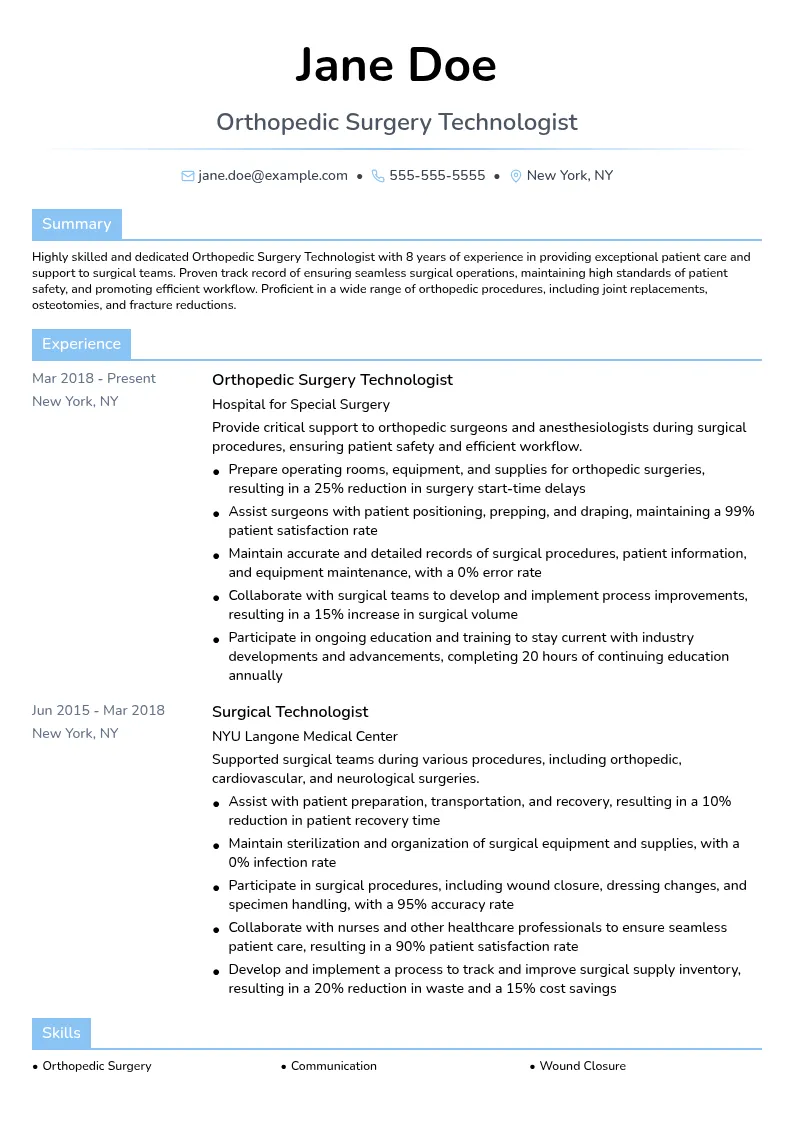 Orthopedic Surgery Technologist resume example