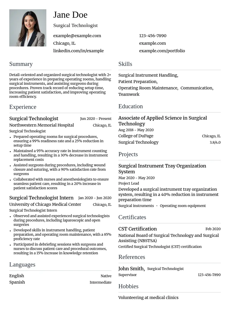 General Surgery Technologist resume example