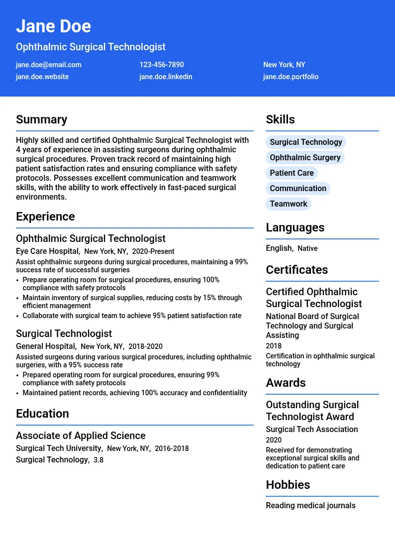 Ophthalmic Surgical Technologist resume example