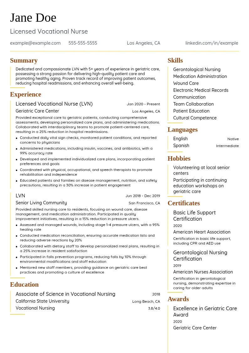 Geriatric Care resume example