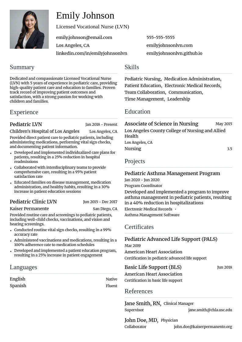 Pediatric Care resume example