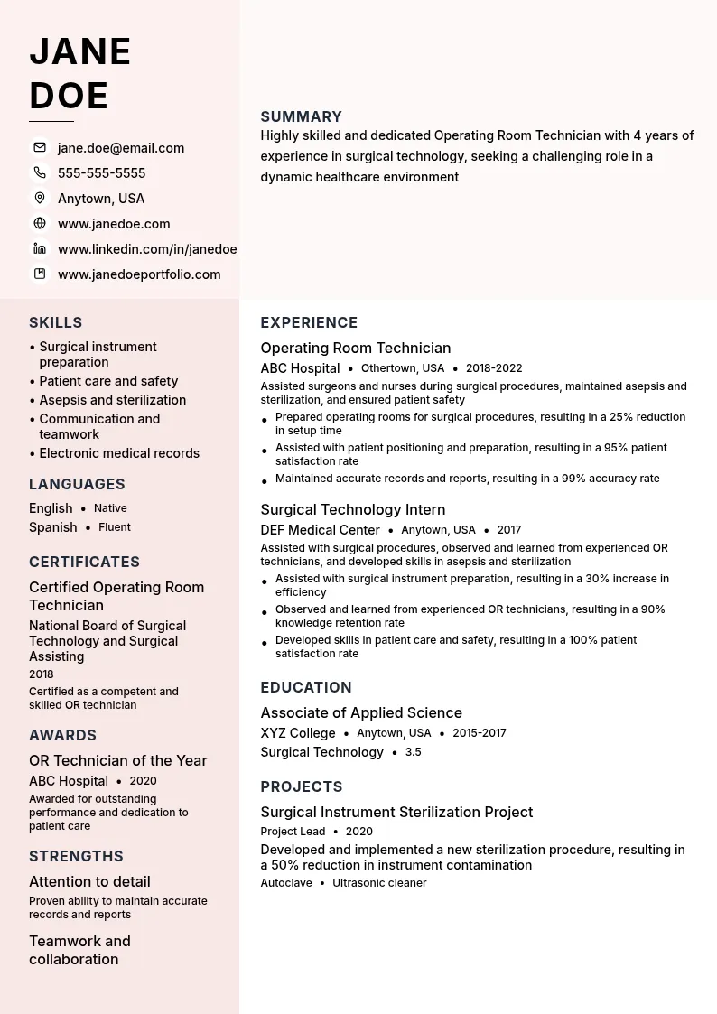 Operating Room Technician resume example