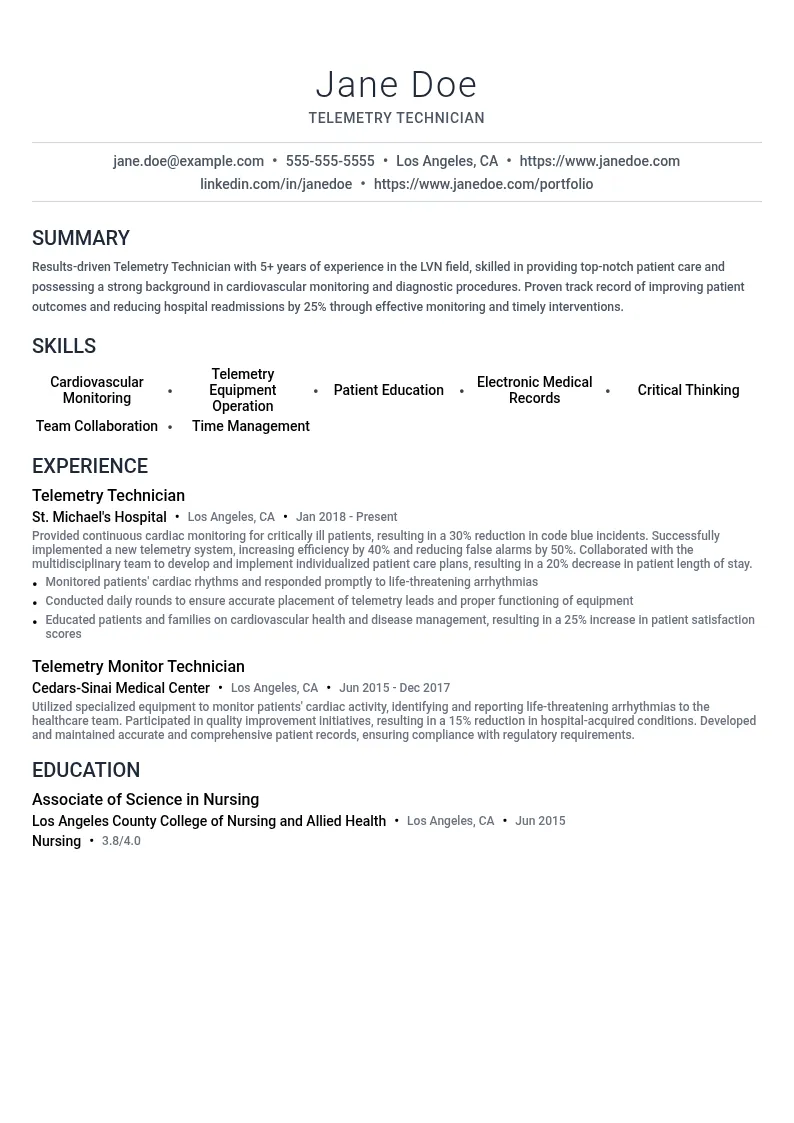 Telemetry Technician resume example