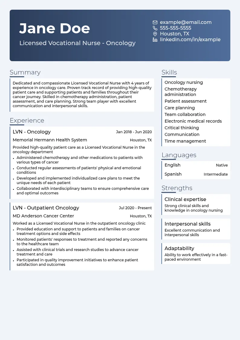 Oncology Care resume example