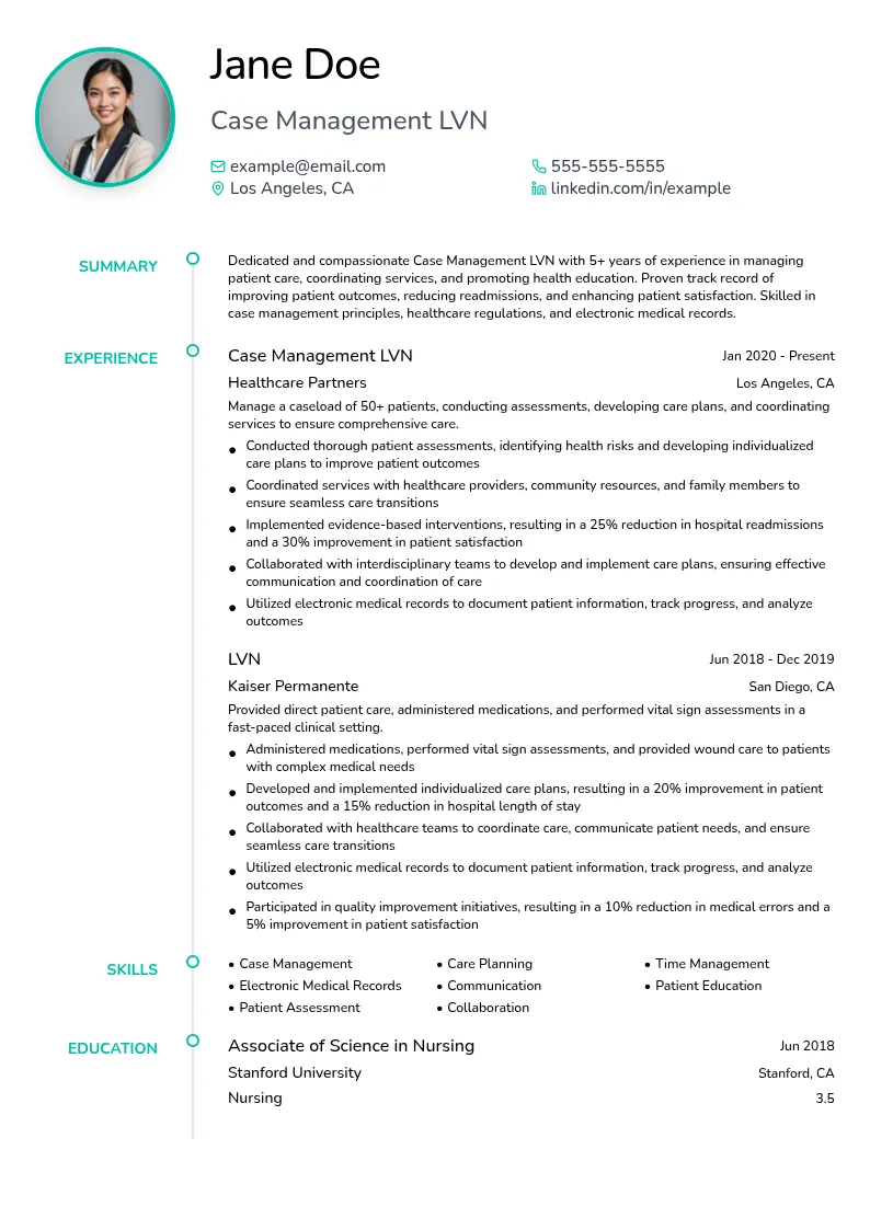Case Management LVN resume example