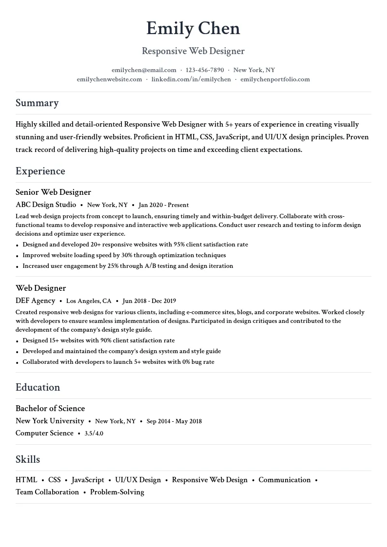 Responsive Web Designer resume example