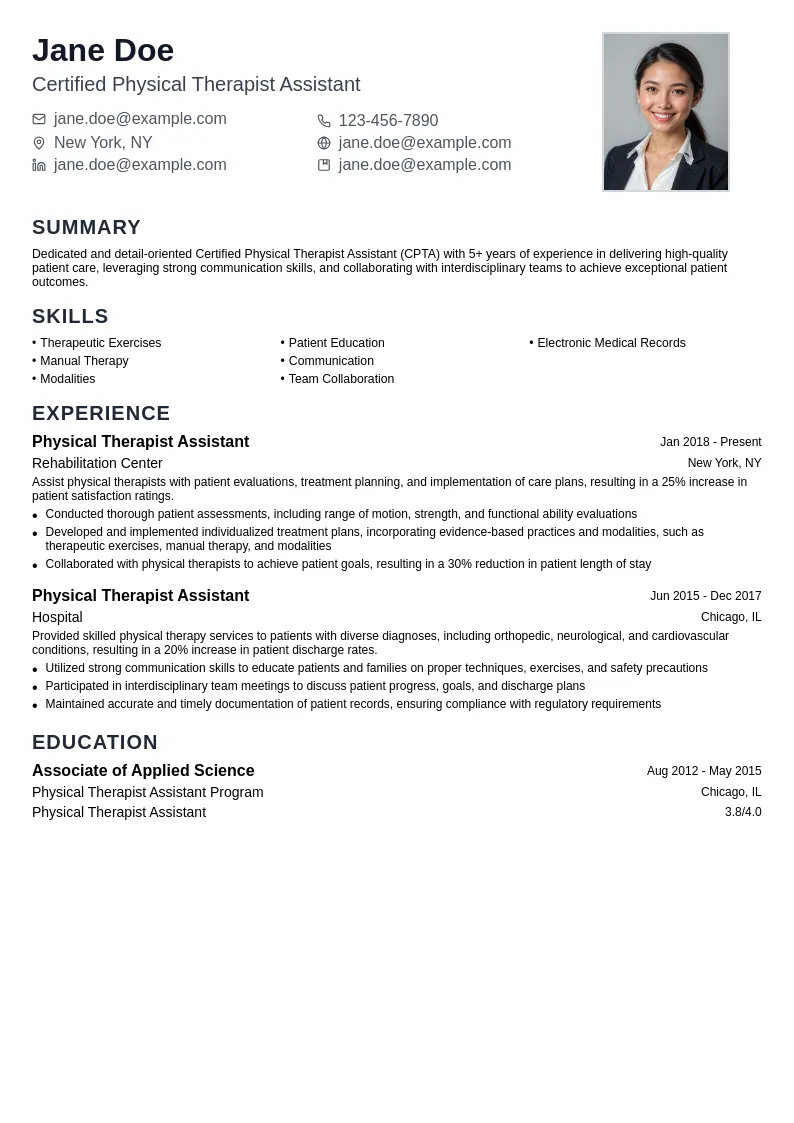Certified Physical Therapist Assistant (CPTA) resume example
