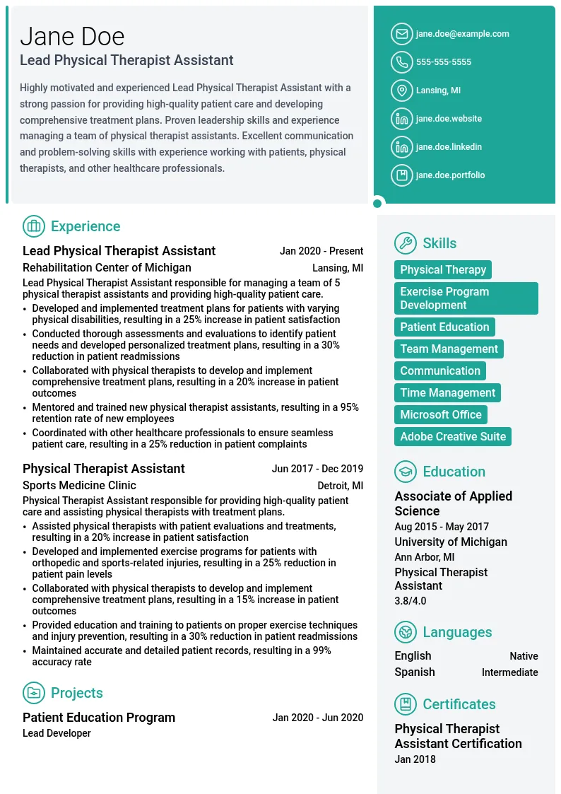Lead Physical Therapist Assistant resume example