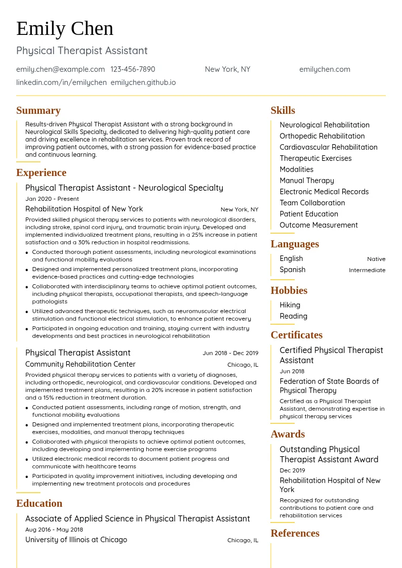 Neurological Skills Specialty resume example