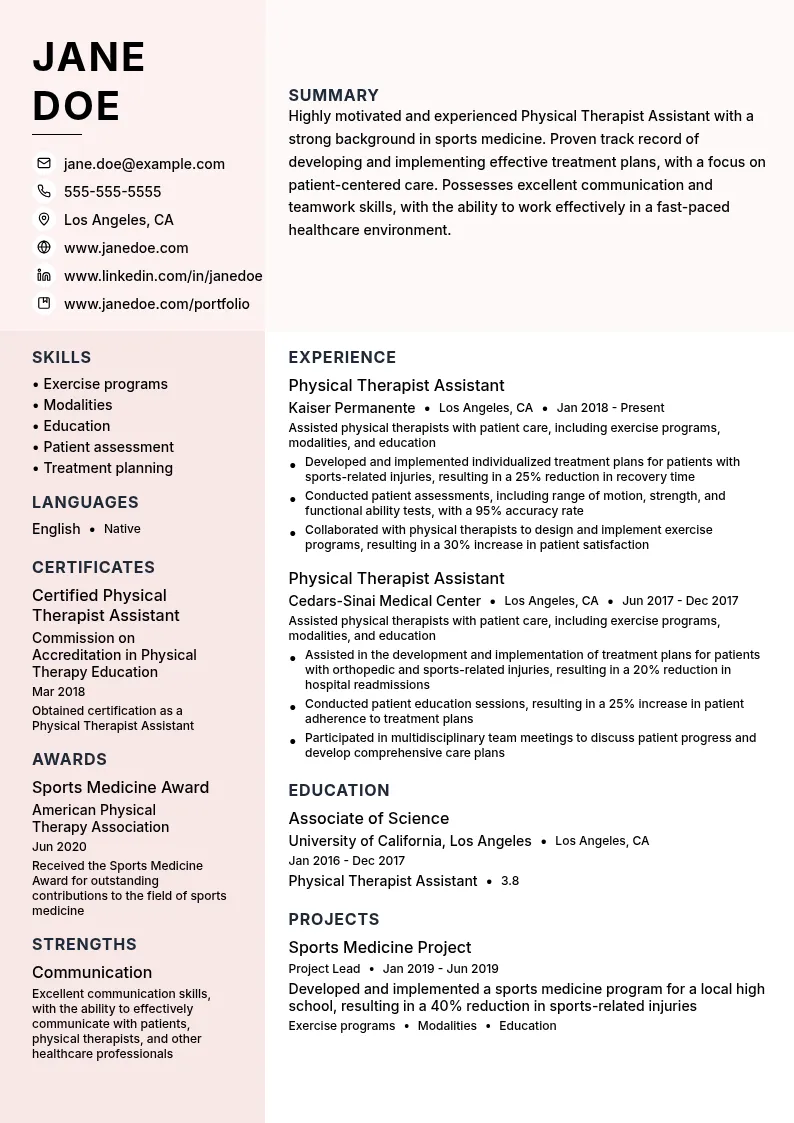Sports Medicine Skills Specialty resume example
