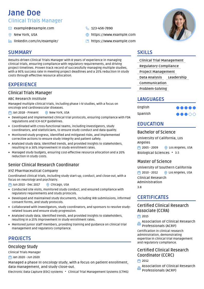 Clinical Trials Manager resume example