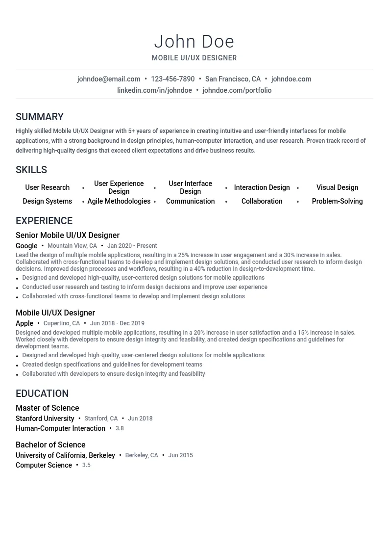Mobile UI/UX Designer resume example