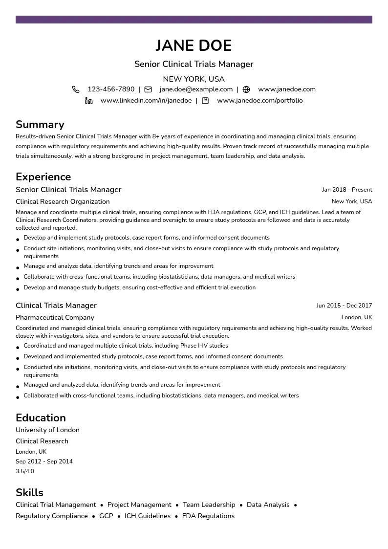 Senior Clinical Trials Manager resume example