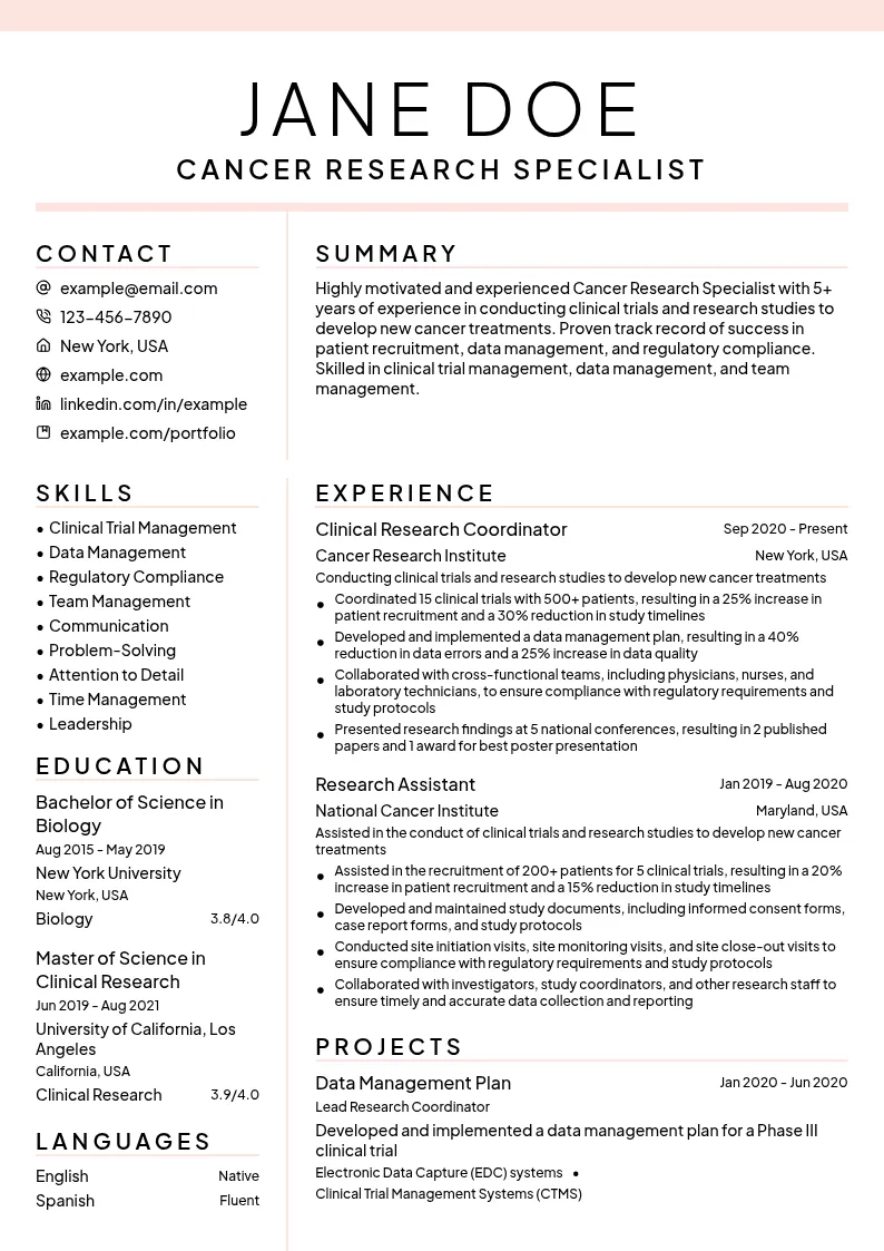 Cancer Research Specialist resume example