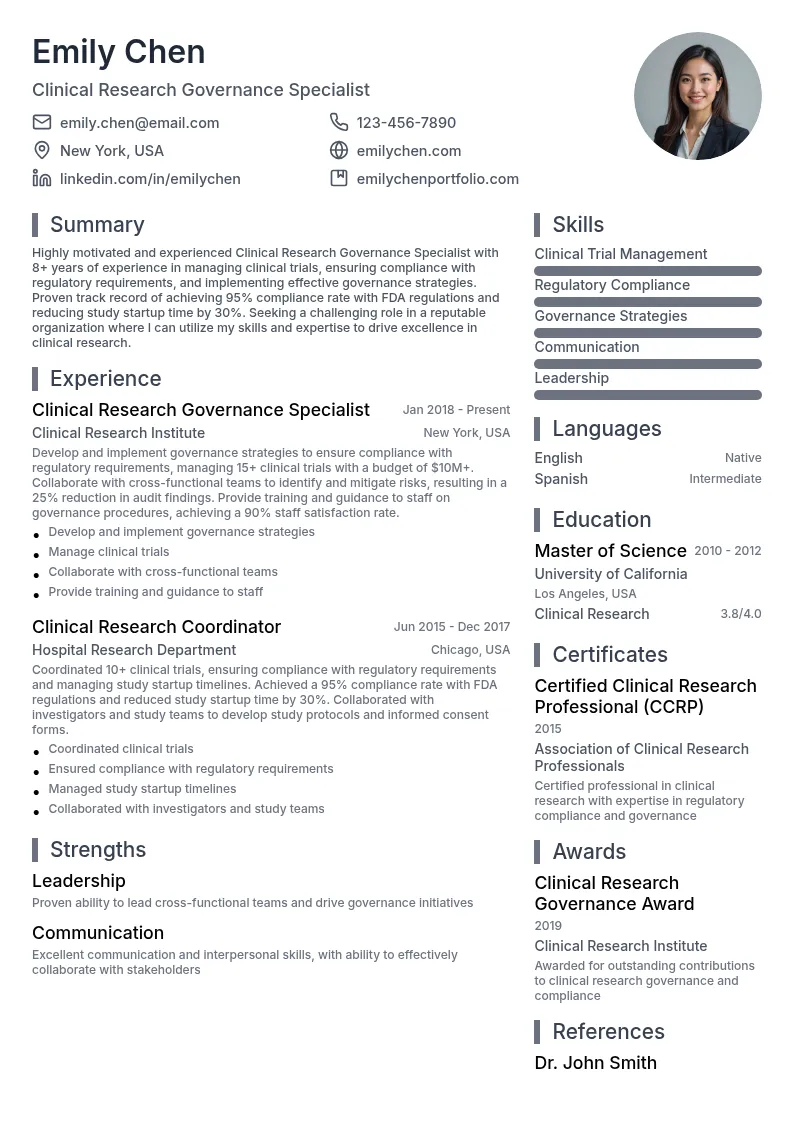Clinical Research Governance Specialist resume example
