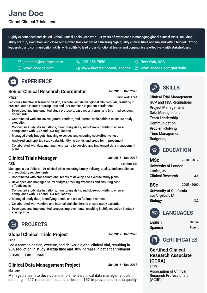 Global Clinical Trials Lead resume example