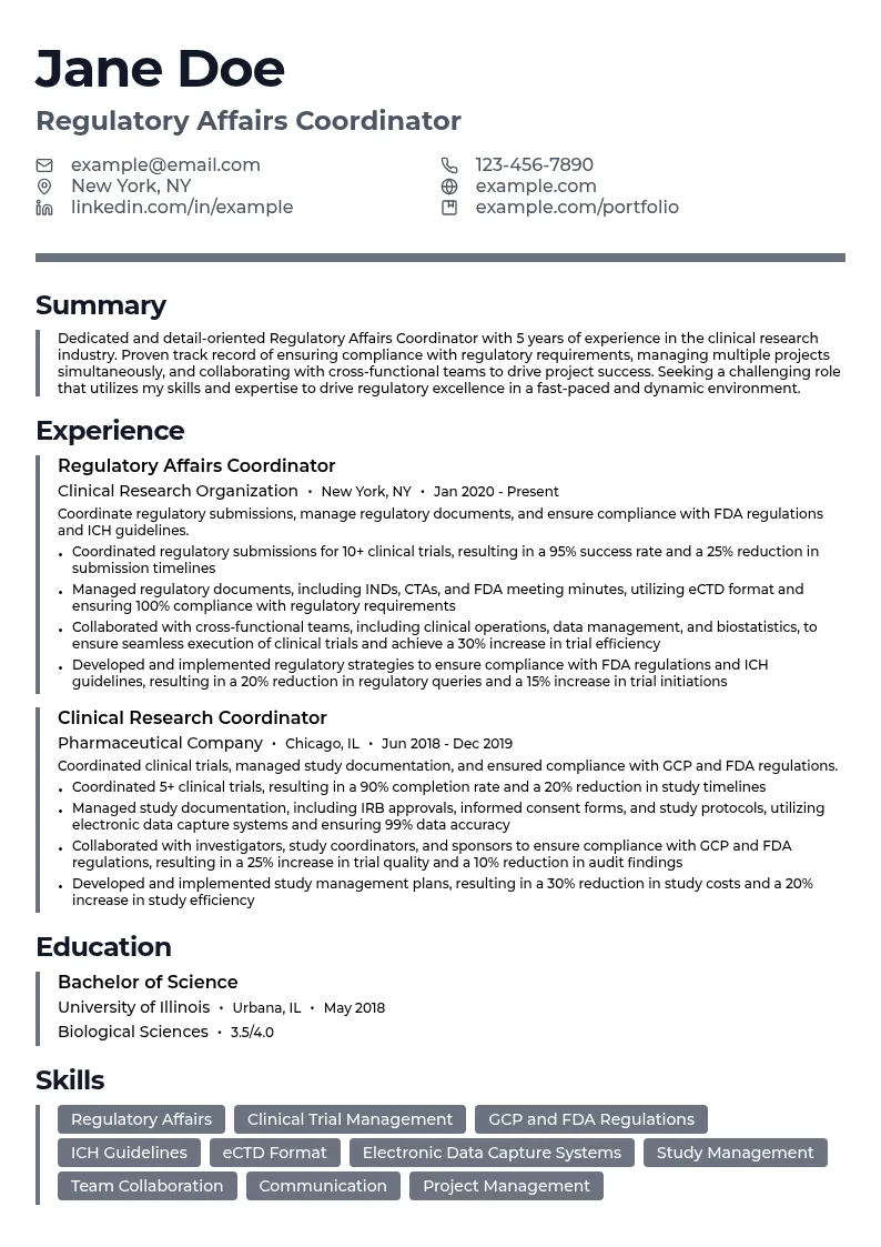 Regulatory Affairs Coordinator resume example