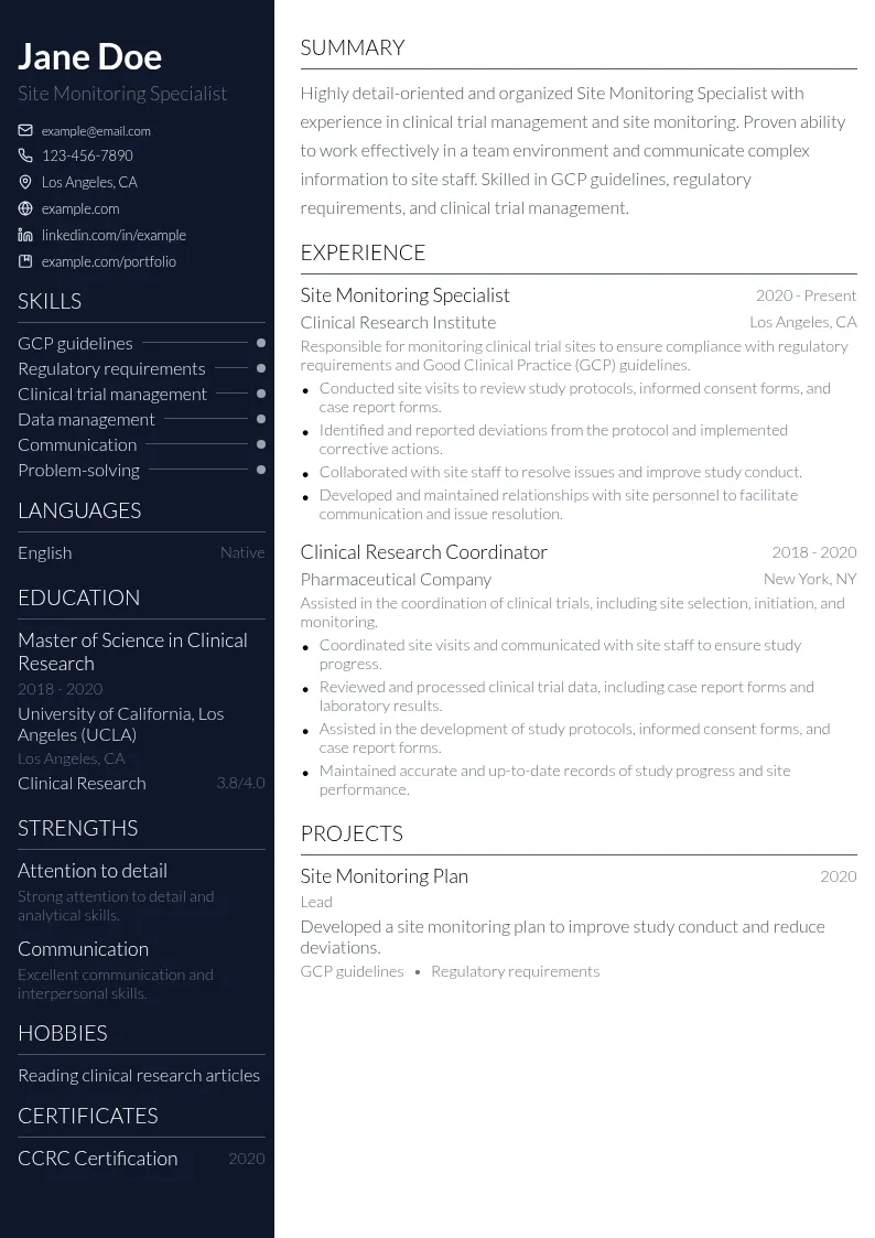 Site Monitoring Specialist resume example