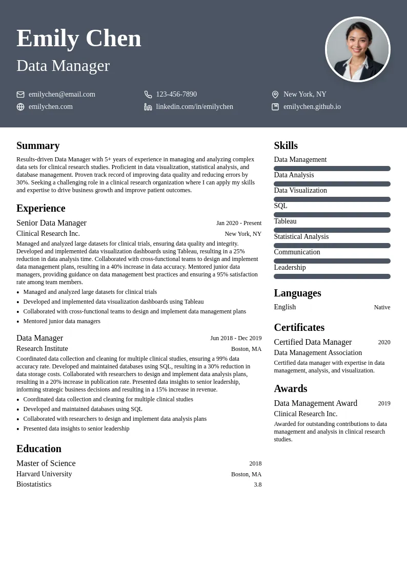 Data Manager resume example
