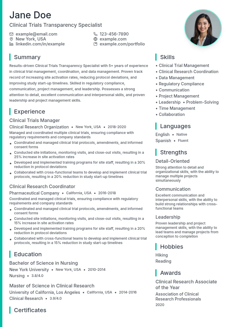 Clinical Trials Transparency Specialist resume example