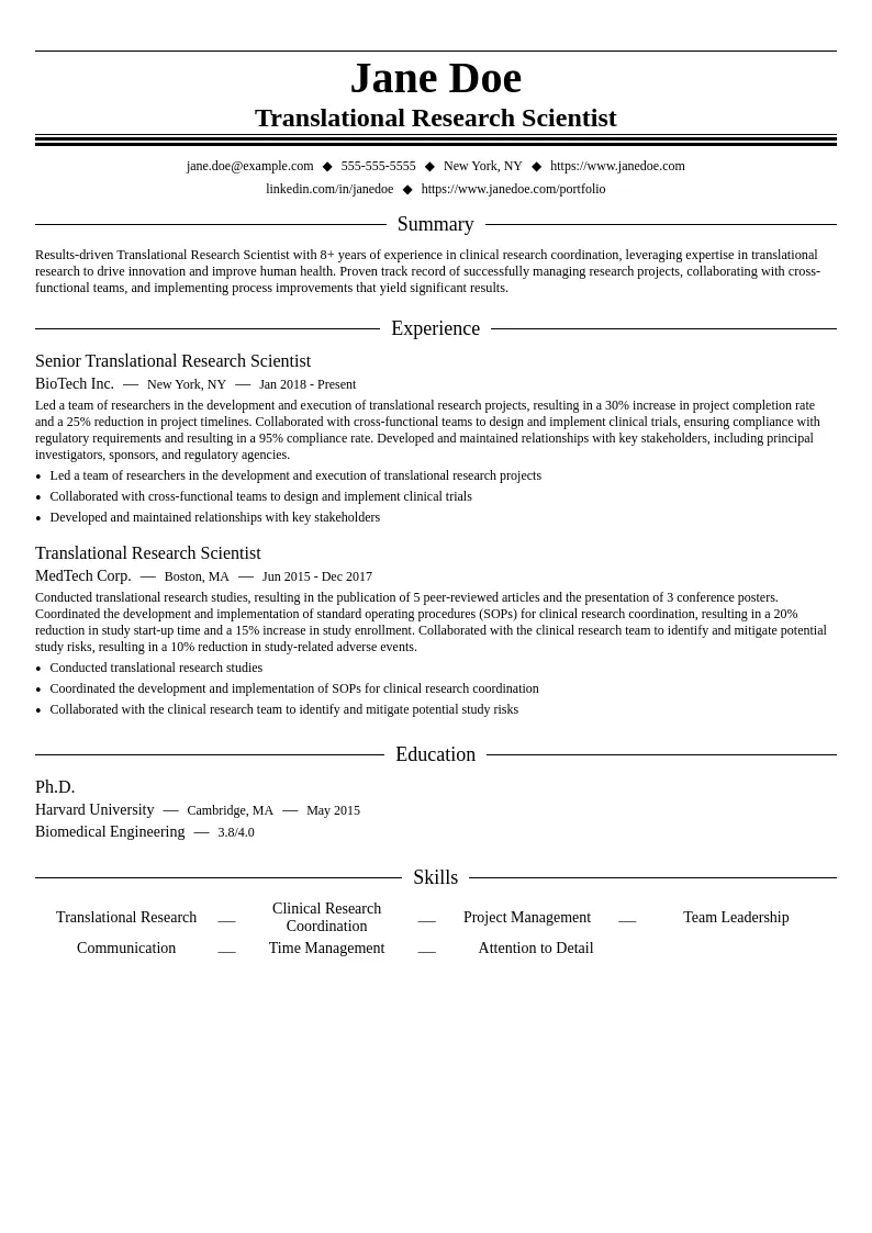 Translational Research Scientist resume example