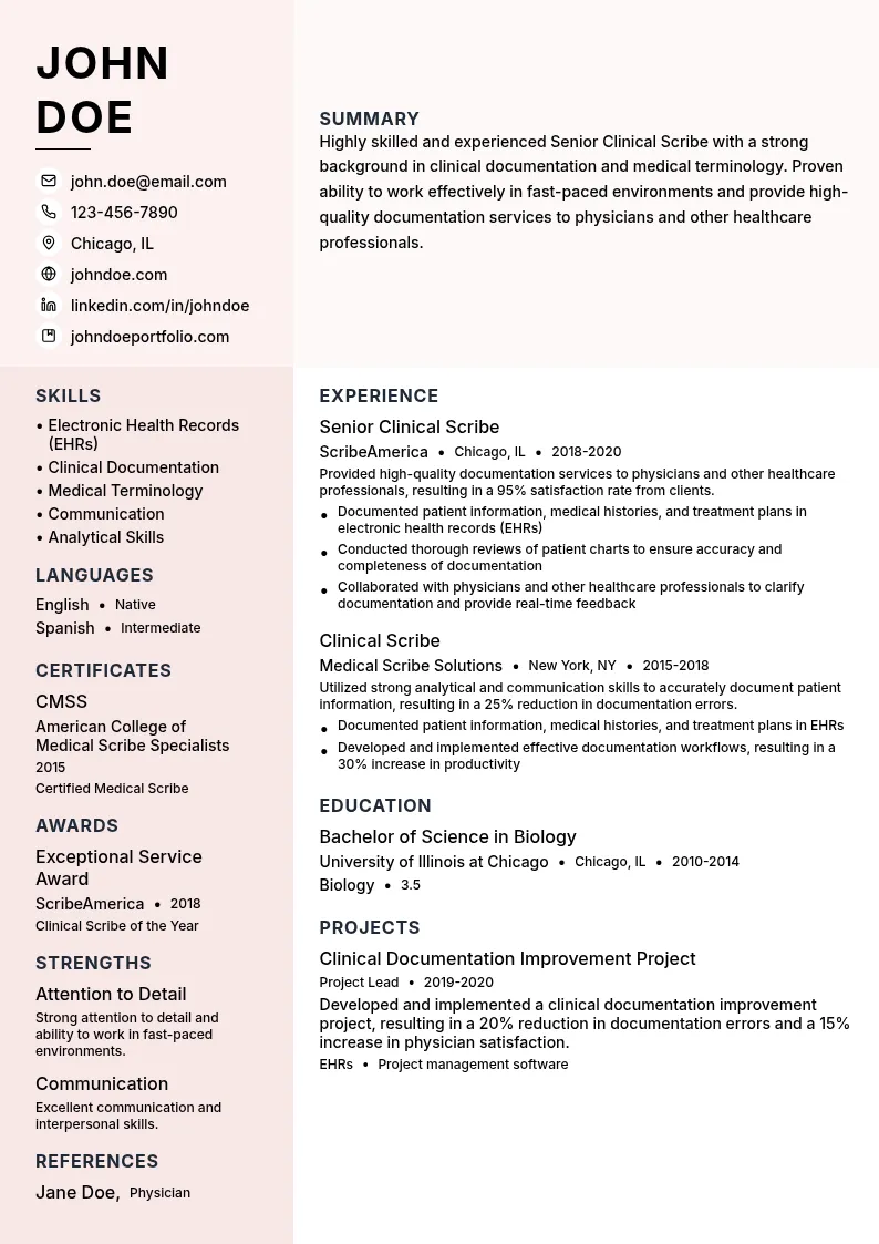 Senior Clinical Scribe resume example