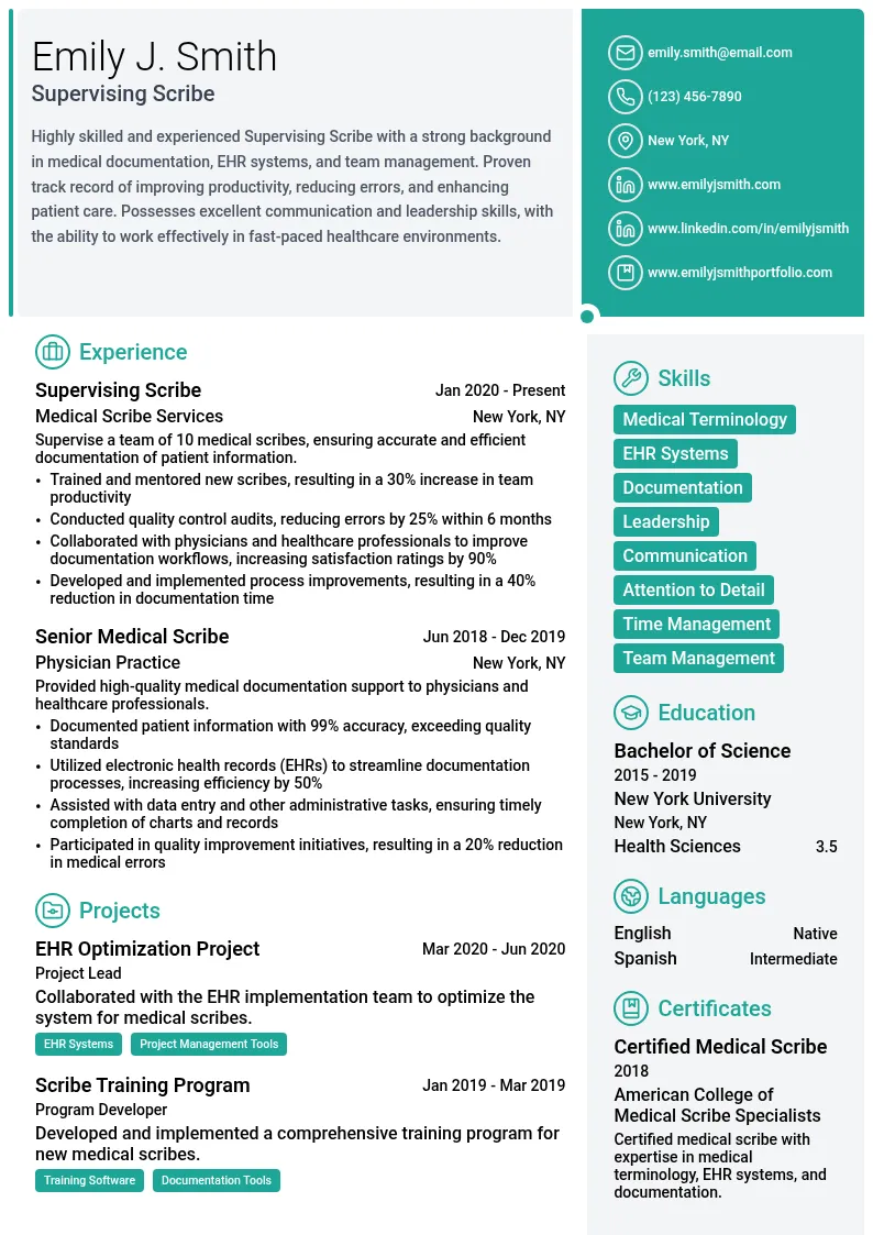 Supervising Scribe resume example