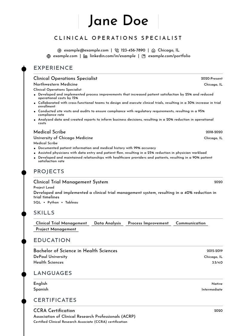 Clinical Operations Specialist resume example