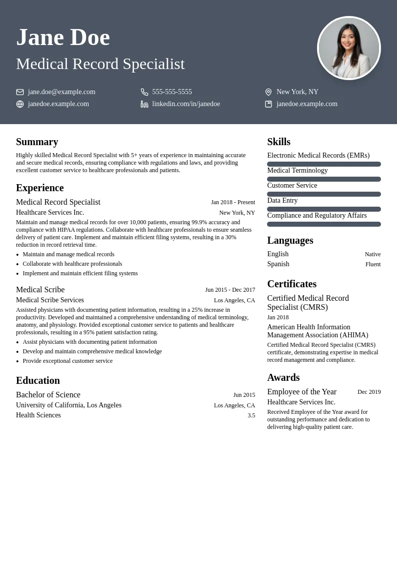 Medical Record Specialist resume example