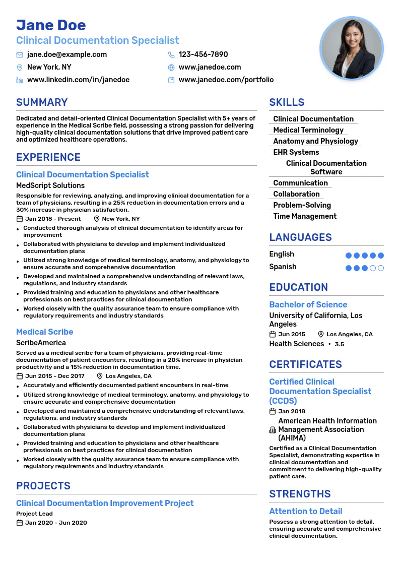 Clinical Documentation Specialist resume example