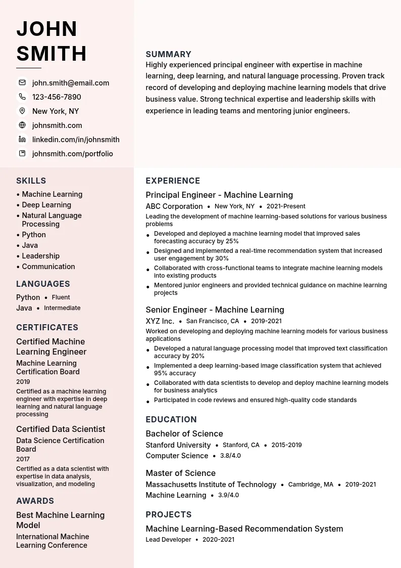 Principle Engineer - Machine Learning resume example