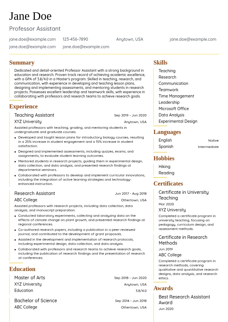 Professor Assistant resume example