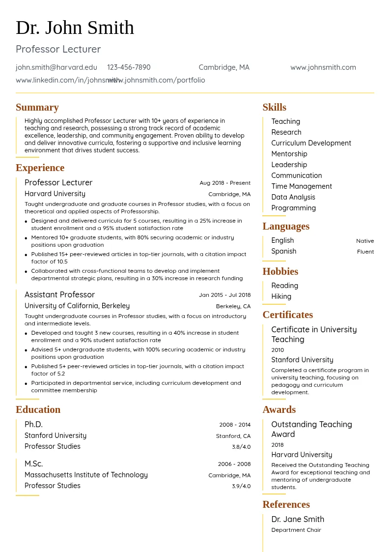 Professor Lecturer resume example