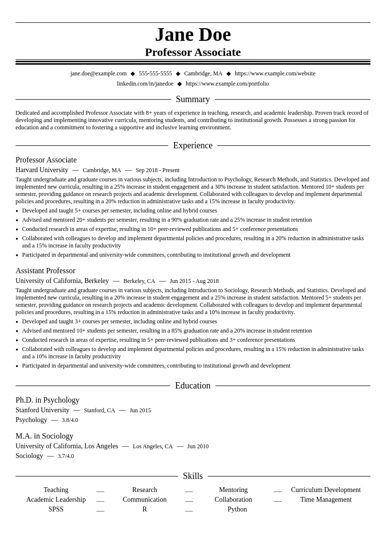 Professor Associate resume example
