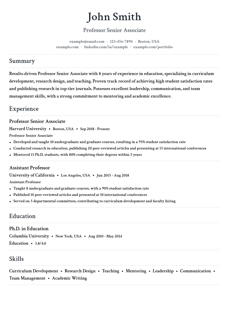 Professor Senior Associate resume example