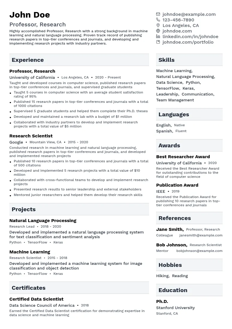 Professor, Research resume example