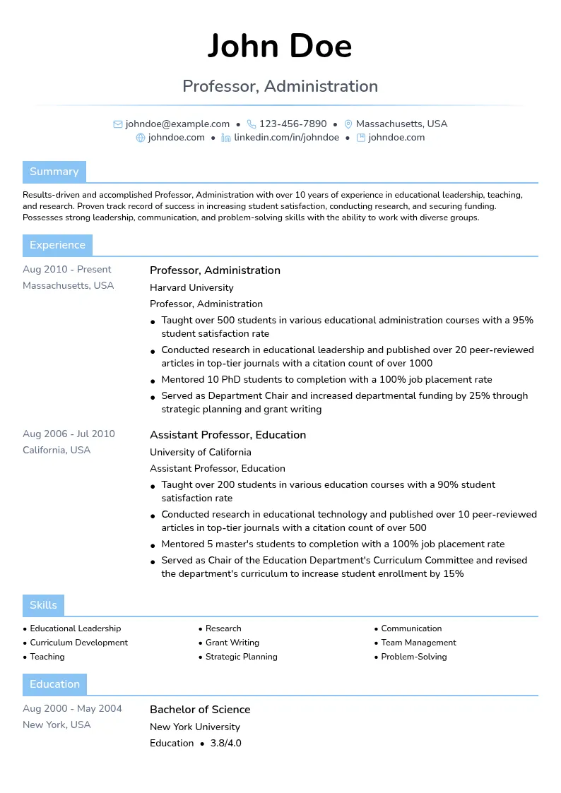 Professor, Administration resume example