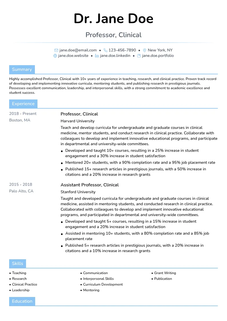 Professor, Clinical resume example