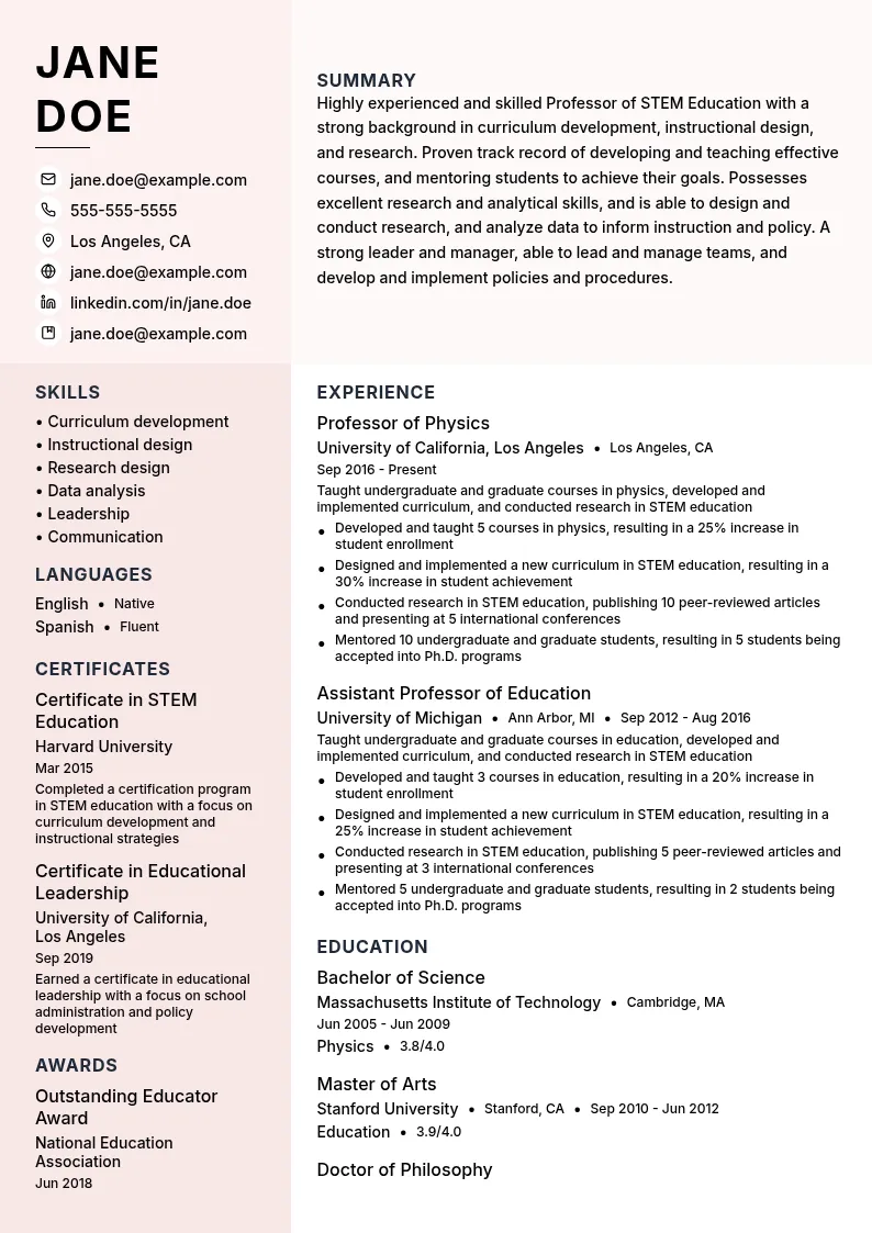 Professor, STEM Education resume example