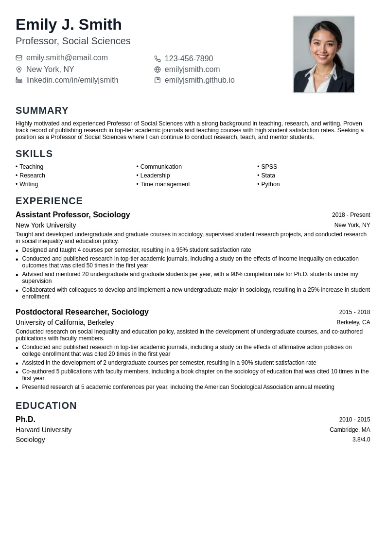 Professor, Social Sciences resume example