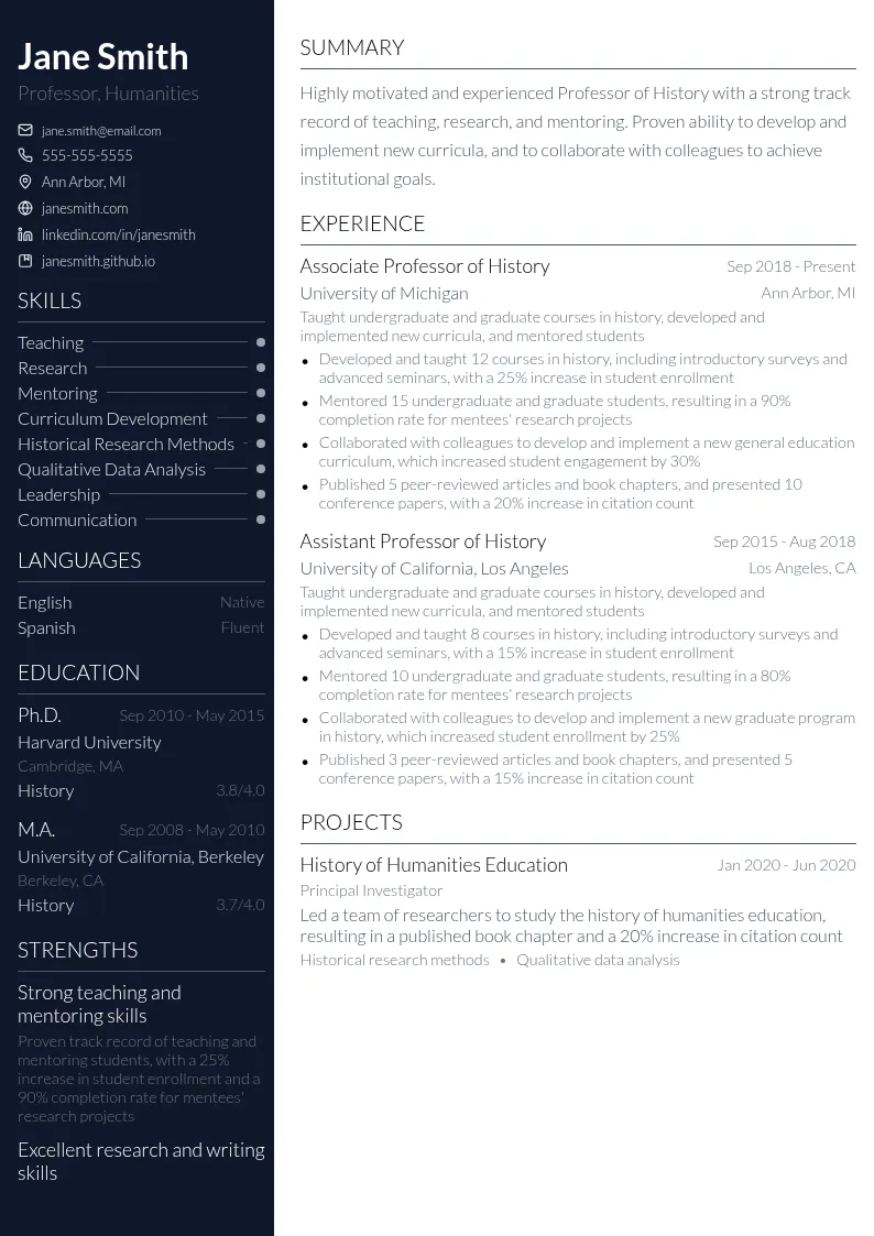 Professor, Humanities resume example
