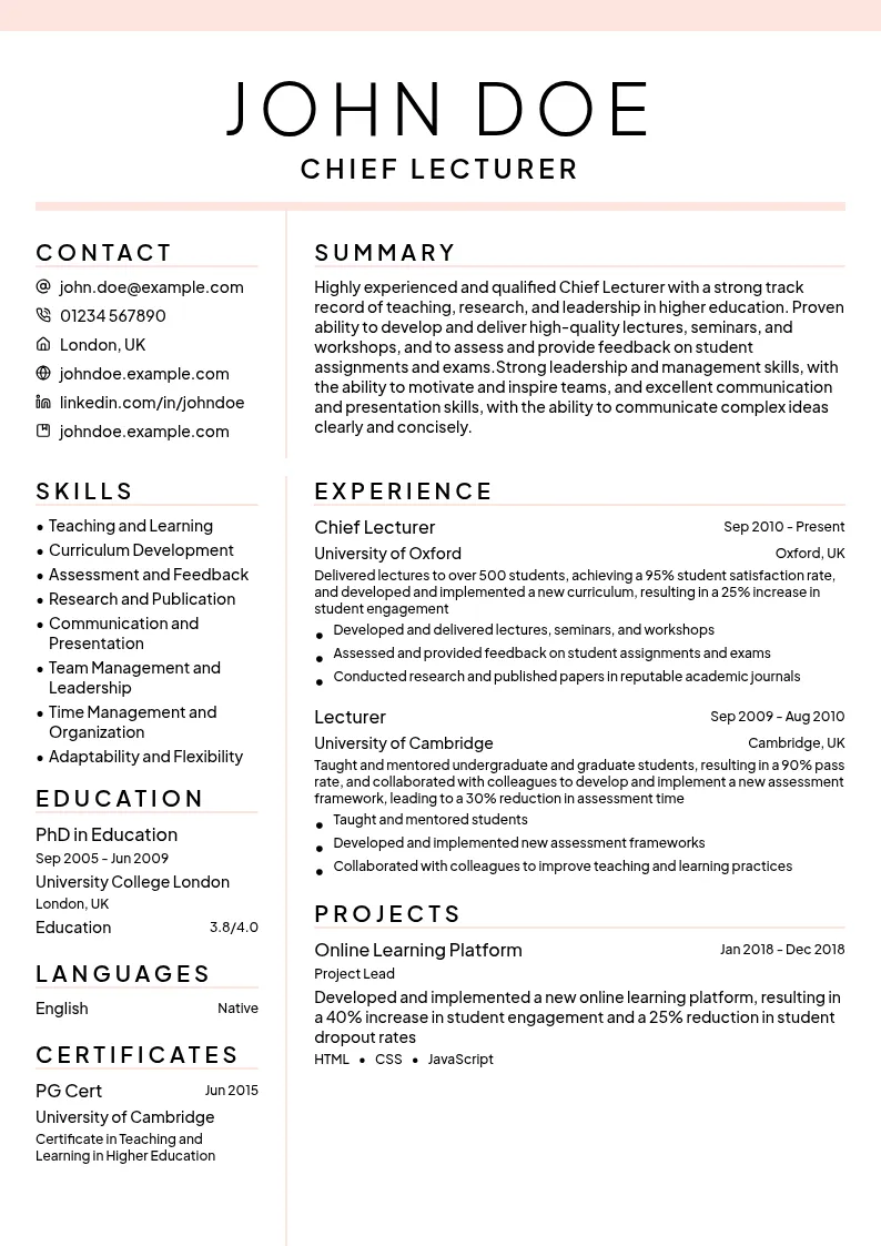 Chief Lecturer resume example