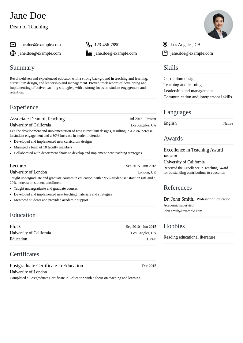 Dean of Teaching resume example