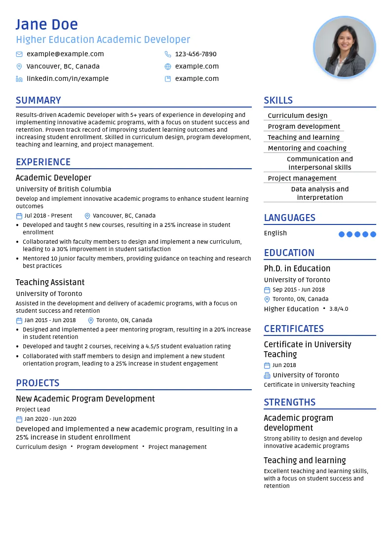 Higher Education Academic Developer resume example