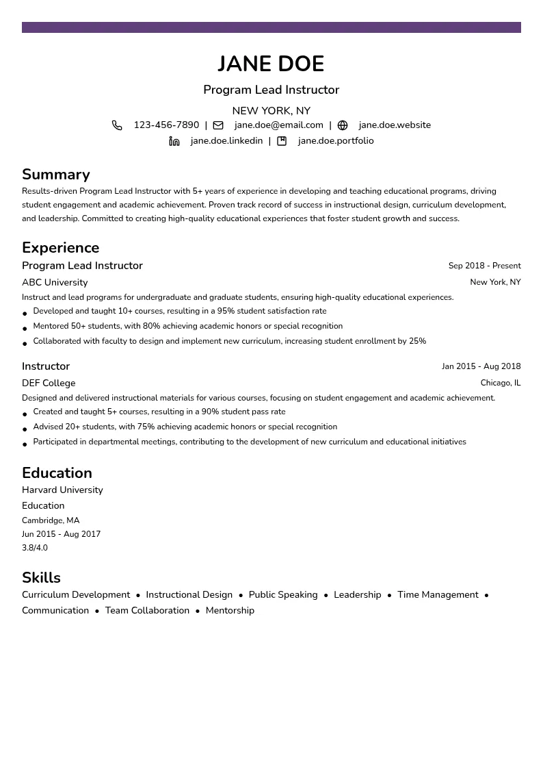 Program Lead Instructor resume example