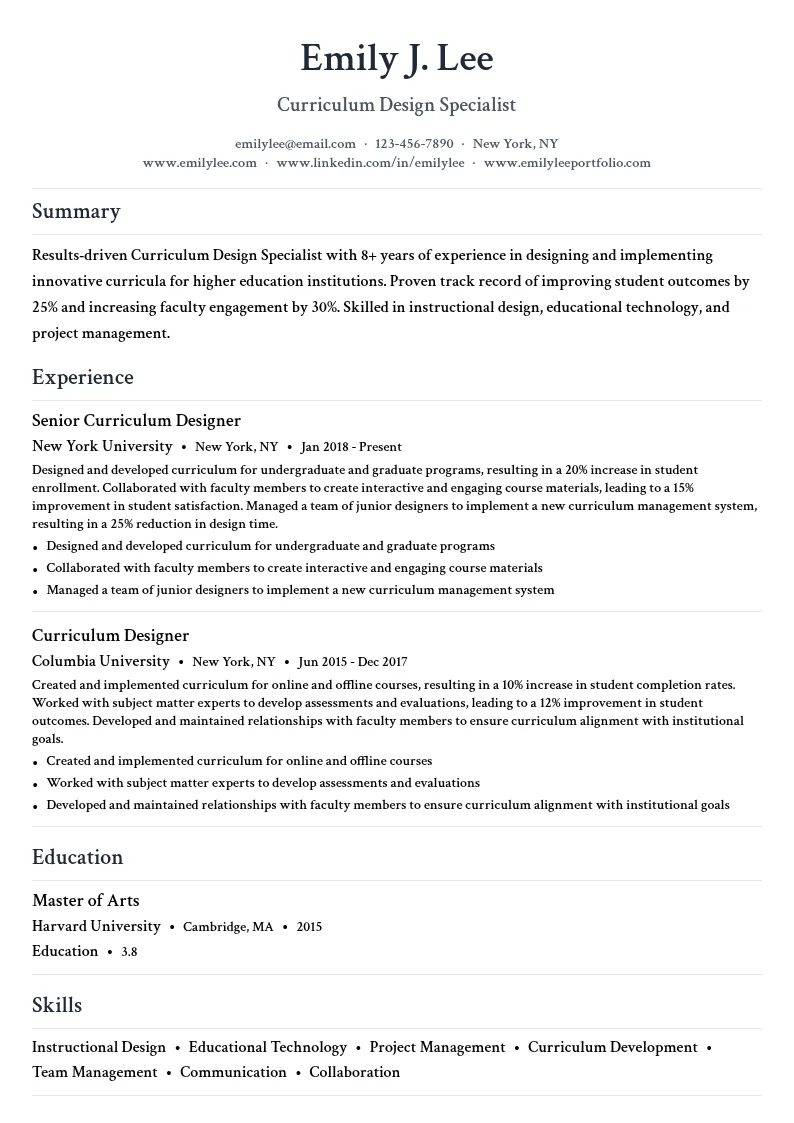 Curriculum Design Specialist resume example